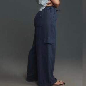 PILCRO x ANTHROPOLOGIE | Len Beach Cargo Pants Viscose Linen Navy Blue | 18W